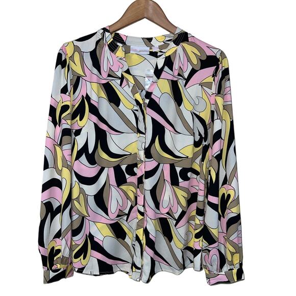 Belle Kim Gravel Top Blouse Medium Heart Print Retro Mod Button Shirt V-Neck New - Picture 1 of 10